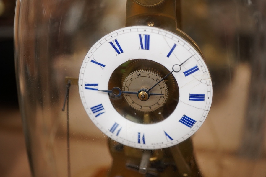 19th century French repeating brass mantel timepiece under glass dome, 26cm high.